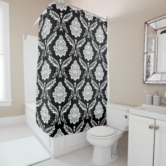 Rococo Damask Pattern White on Black Shower Curtain (In Situ)