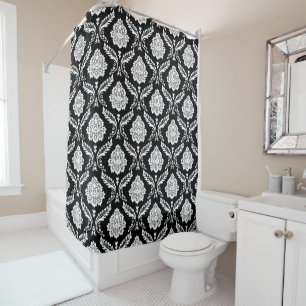 Rococo Damask Pattern White on Black Shower Curtain