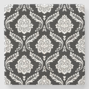 Rococo Damask Pattern White on Black Stone Coaster