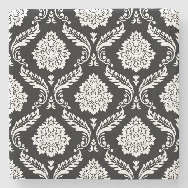 Rococo Damask Pattern White on Black Stone Coaster (Front)
