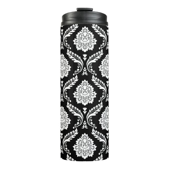 Rococo Damask Pattern White on Black Thermal Tumbler (Front)