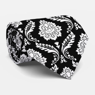 Rococo Damask Pattern White on Black Tie
