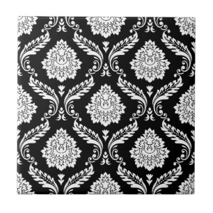 Rococo Damask Pattern White on Black Tile