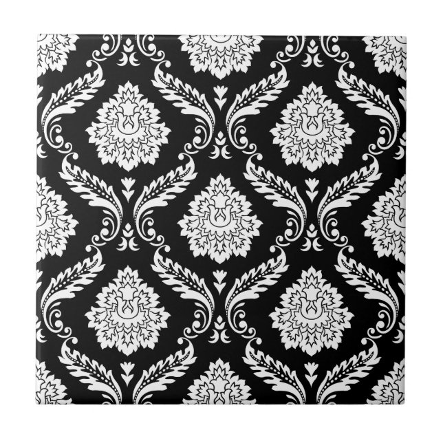 Rococo Damask Pattern White on Black Tile (Front)