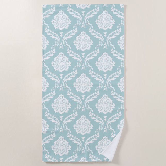 Rococo Damask Pattern White on Duck Egg Blue Beach Towel (Front)