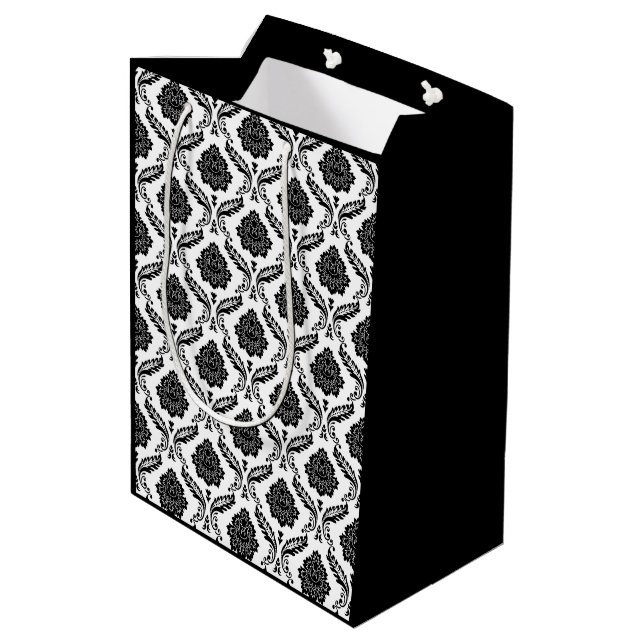 Rococo Damask Rpt Pattern Black on White Medium Gift Bag (Back Angled)