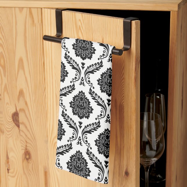 Rococo Damask Rpt Pattern Black on White Tea Towel (Thirds Fold)