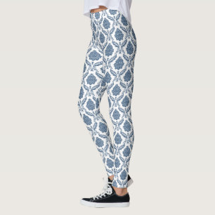 Rococo Damask Rpt Pattern Blue on White Leggings