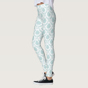Rococo Damask Rpt Pattern Duck Egg Blue on White Leggings