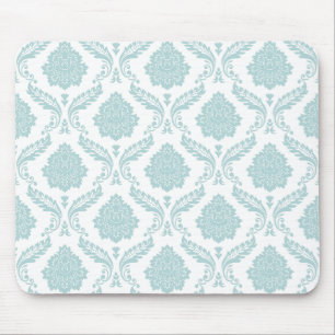 Rococo Damask Rpt Pattern Duck Egg Blue on White Mouse Pad