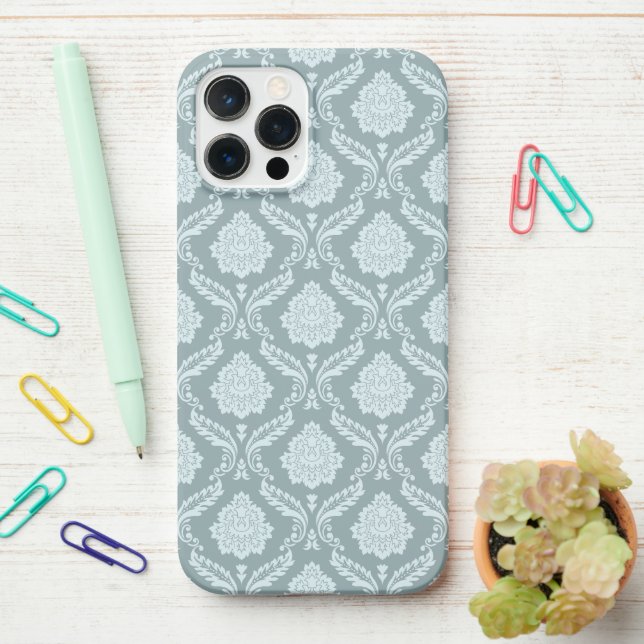 Rococo Damask Rpt Pattern Duck Egg Blue+Teal iPhone Case (On Desk)