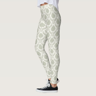 Rococo Damask Rpt Pattern Green on Cream Leggings