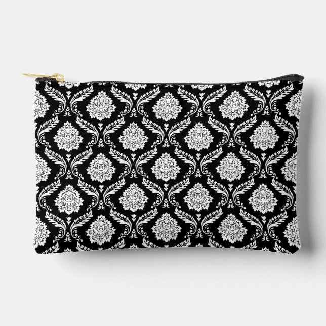 Rococo Damask Rpt Pattern White on Black Accessory Pouch (Front)
