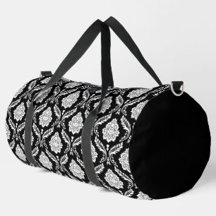 Rococo Damask Rpt Pattern White on Black Duffle Bag