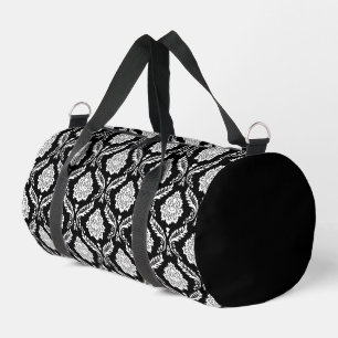 Rococo Damask Rpt Pattern White on Black Duffle Bag