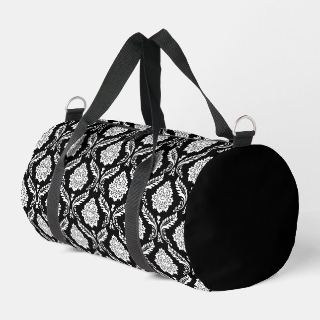 Rococo Damask Rpt Pattern White on Black Duffle Bag (Left Corner)