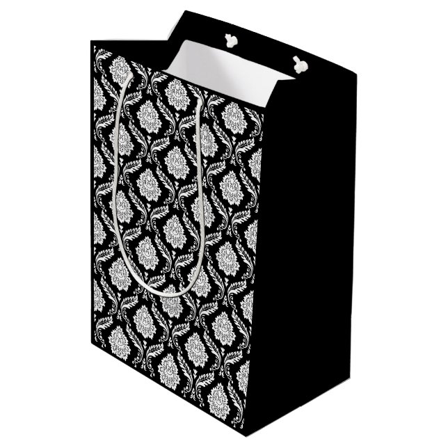 Rococo Damask Rpt Pattern White on Black Medium Gift Bag (Back Angled)
