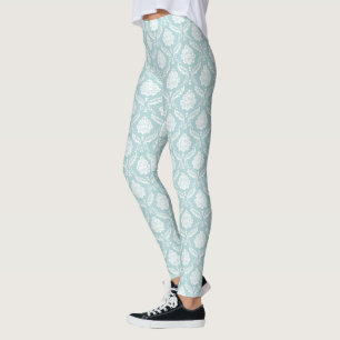 Rococo Damask Rpt Pattern White on Duck Egg Blue Leggings
