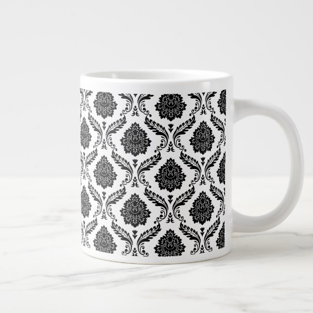 Rococo Damask Sml Pattern Black on White Large Coffee Mug (Right)