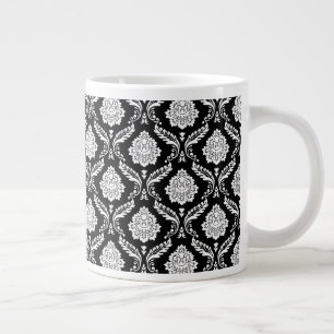 Rococo Damask Sml Pattern White on Black Large Coffee Mug