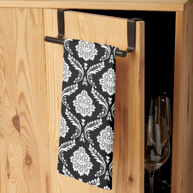 Rococo Damask Sml Pattern White on Black Tea Towel (Thirds Fold)