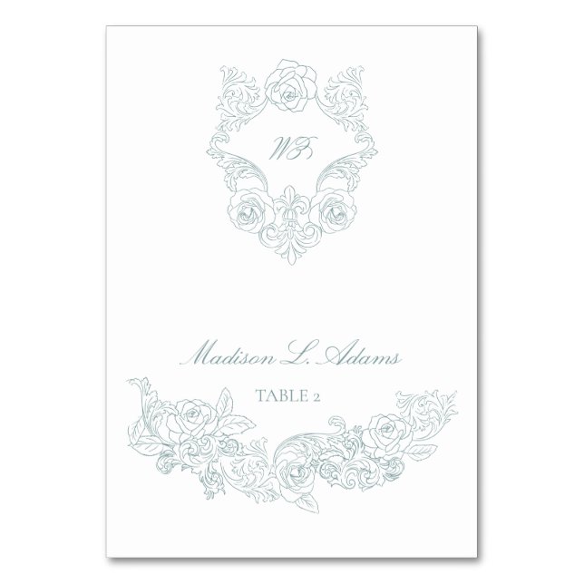 Rococo Dusty Blue Elegant Foldable Name Place Card (Front)