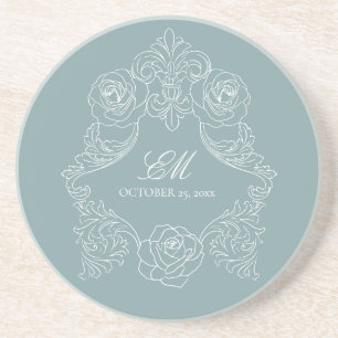 Rococo Dusty Blue Wedding Logo Crest Coaster