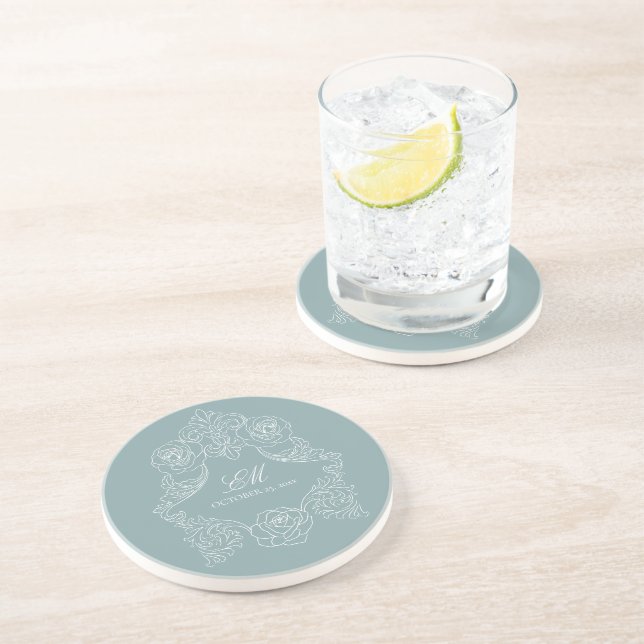Rococo Dusty Blue Wedding Logo Crest Coaster (Side)