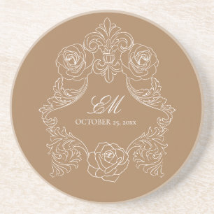 Rococo Dusty Golden Brown Wedding Logo Crest Coaster