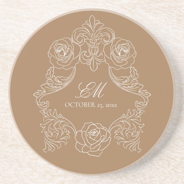 Rococo Dusty Golden Brown Wedding Logo Crest Coaster (Front)