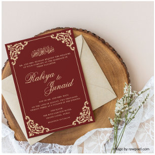 Rococo Frame Calligraphy Burgundy Muslim Wedding Invitation