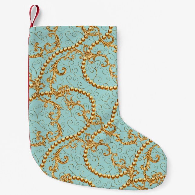 Rococo golden elements seamless pattern. Gold text Small Christmas Stocking (Front)