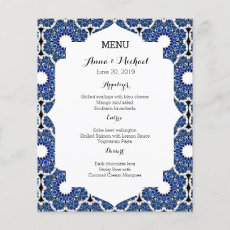 Rococo Indigo Beautiful Blue Wedding Menu