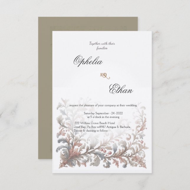 Rococo ornamental Floral wedding Invitation (Front/Back)