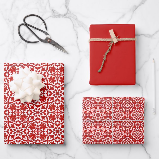 Rococo Ornamental Flourishes Pattern Red & White Wrapping Paper Sheet (Front)