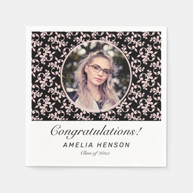 Rococo Pink Black Graduate Photo Graduation Napkin (Front)