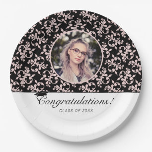Rococo Pink Black Graduate Photo Graduation Paper Plate