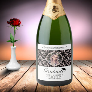 Rococo Pink Black Graduate Photo Graduation Sparkling Wine Label