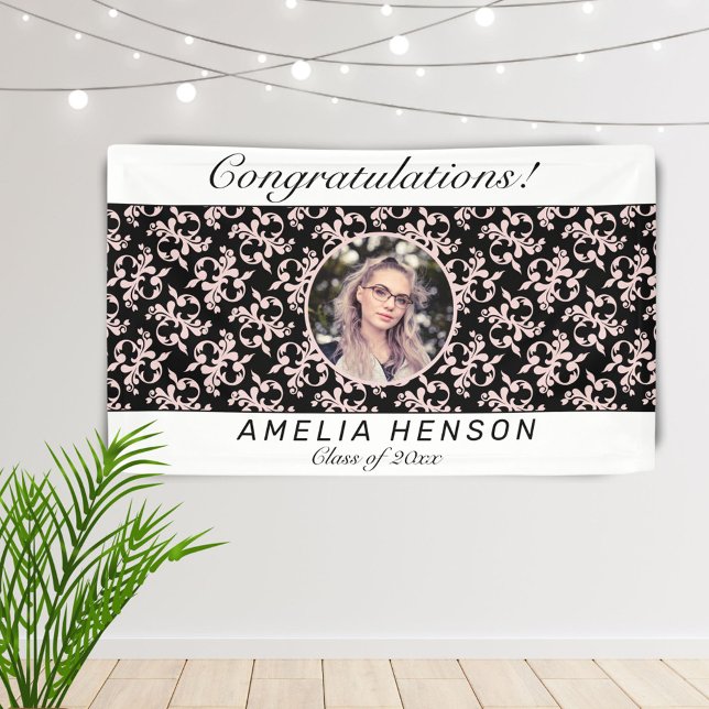 Rococo Pink Black Photo Name Class of Graduation   Banner (Creator Uploaded)