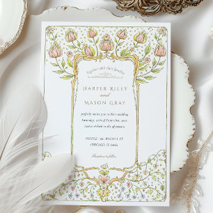 Rococo Pink Bud Floral Nouveau Wedding Invitation
