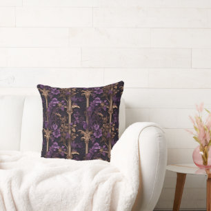 Rococo Realms: Golden Dark Purple Floral Columns Cushion