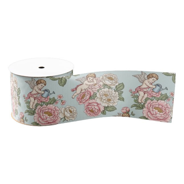 Rococo Revival Cherub Floral Toile Grosgrain Ribbon (Spool)