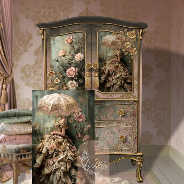 Rococo Rose Romance Portrait & Floral Tissue Paper (Rococo Romance Elegant Woman, Bouffant dress & Parasol, Portrait Art Decoupage Tissue Paper)