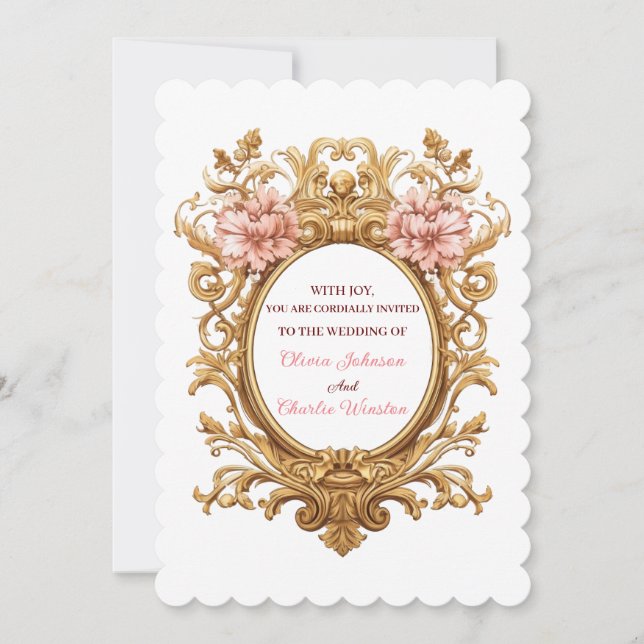 Rococo Royal Wedding Blush Florals Golden Scrolls Invitation (Front)