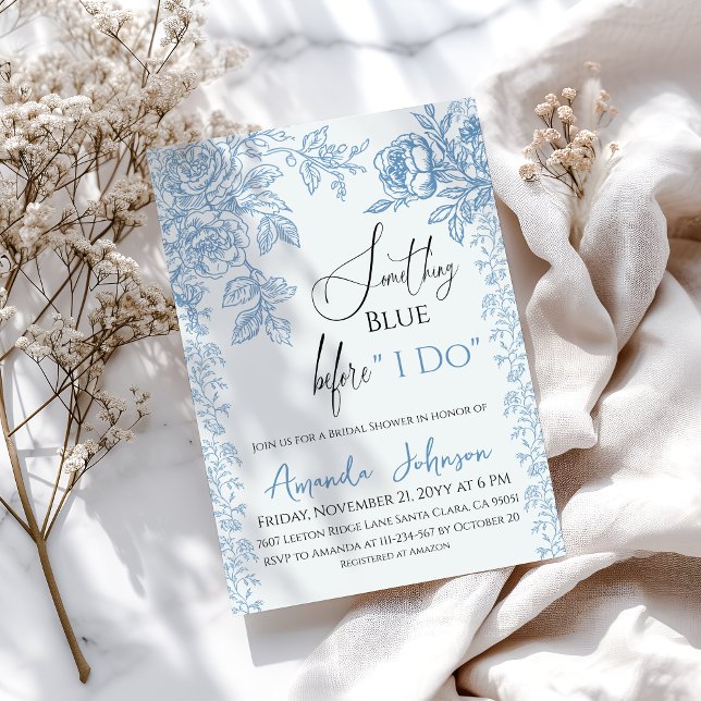 Rococo Toile Something Blue Floral Bridal Shower Invitation (Creator Uploaded)