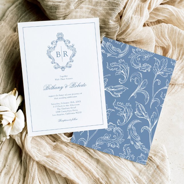 Rococo Vintage Monogram Blue Wedding Invitation (Creator Uploaded)