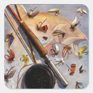 Rod and flies square sticker
