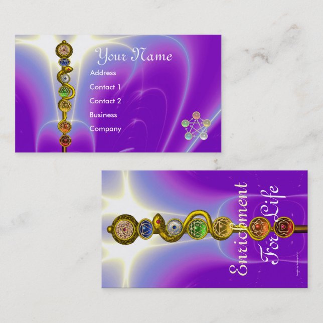 ROD ASCLEPIUS,7 CHAKRAS,YOGA INSTRUCTOR Purple Business Card (Front/Back)