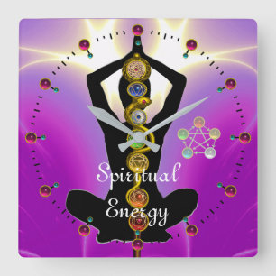 ROD OF ASCLEPIUS 7 CHAKRAS,YOGA LOTUS POSE Pink Square Wall Clock