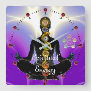 ROD OF ASCLEPIUS 7 CHAKRAS,YOGA LOTUS POSE Purple Square Wall Clock